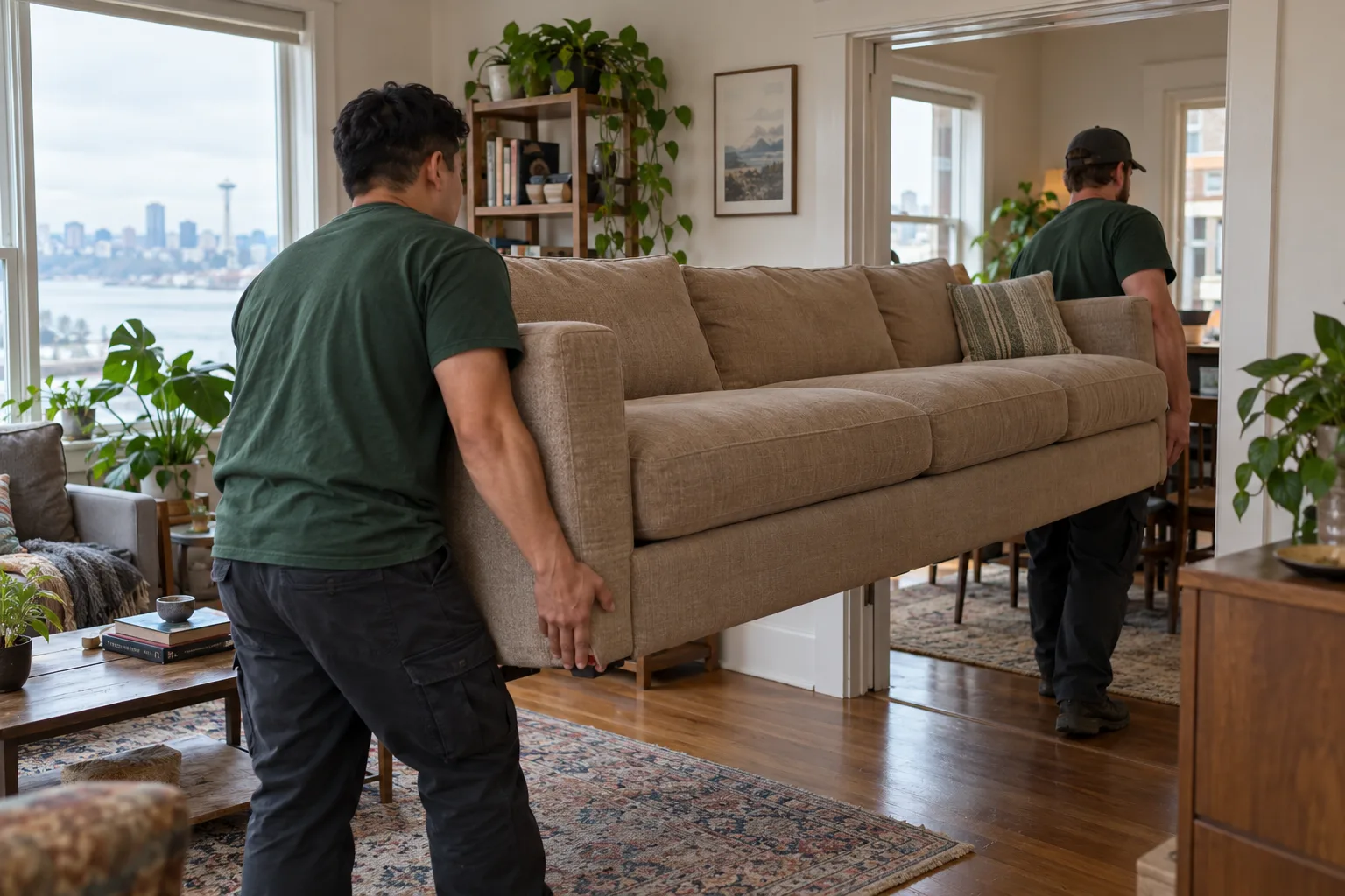 Two movers carrying a sofa through a Seattle apartment